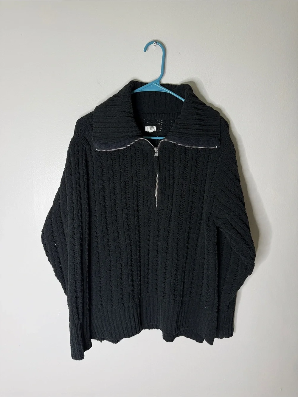 Aerie Black Half-Zip Cable Knit Chenille Sweater Size Small
